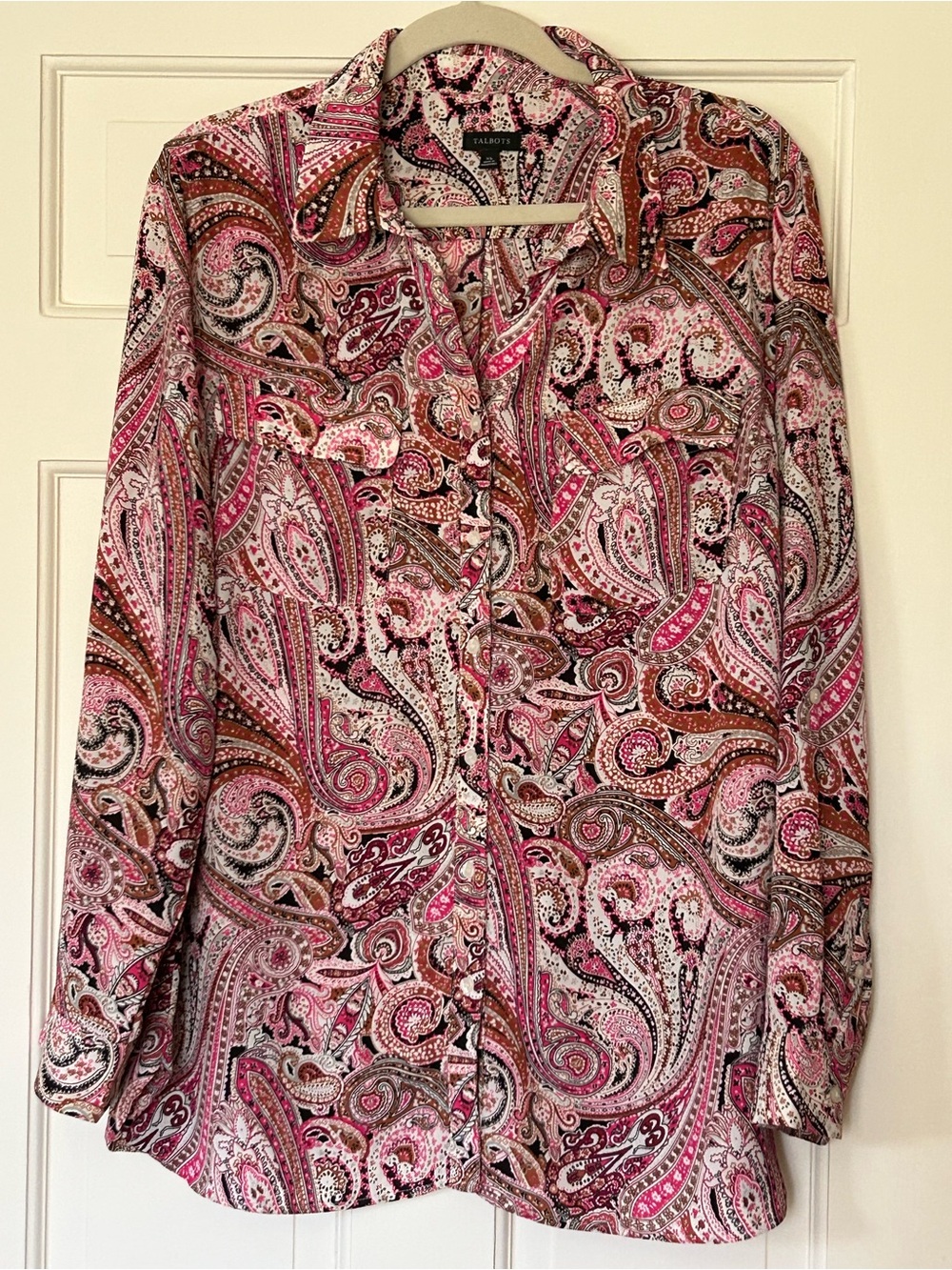 Talbots XL Pink Brown Paisley Long-Sleeve Button Blouse Collar chest pockets